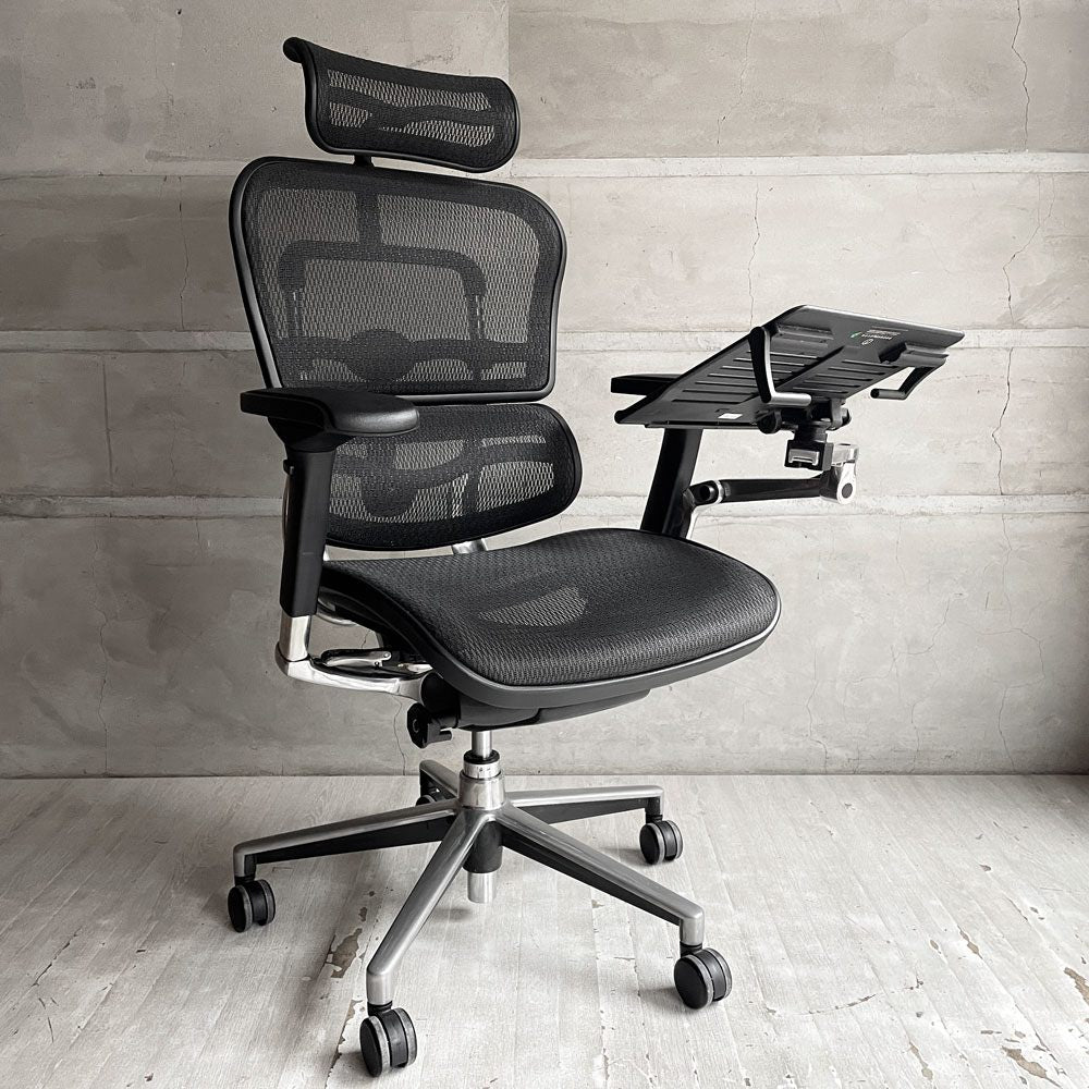 エルゴヒューマン Ergohuman ベーシック Basic デスクチェア ワークチェア メッシュ生地 ブラック アルミダイキャスト ヘッドレスト付 別売タブレットスタンド付 ♪