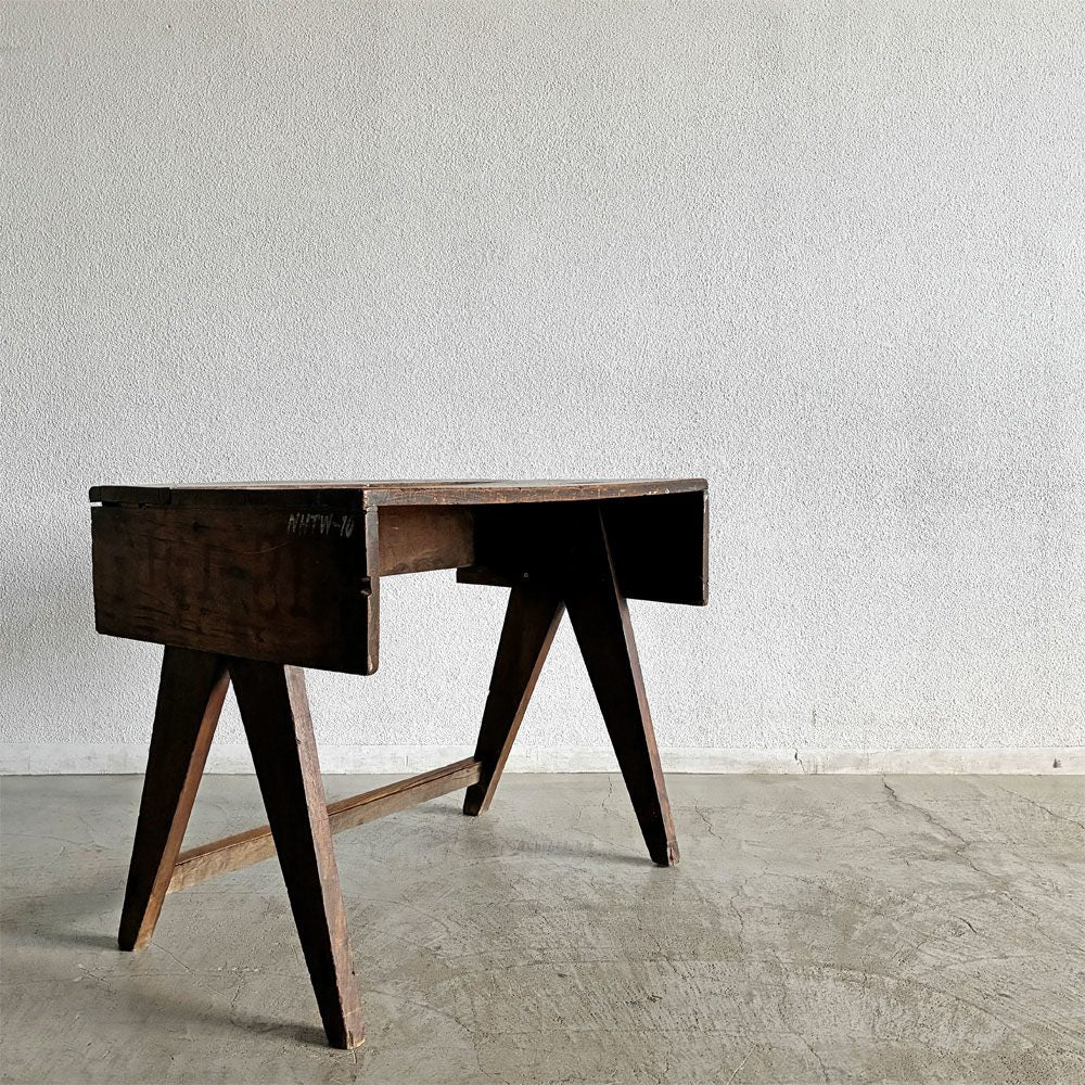 ピエールジャンヌレ Pierre Jeanneret スモールデスク スクールデスク W83cm チーク無垢材 Vレッグ チャンディーガル オリジナルビンテージ 希少 〓