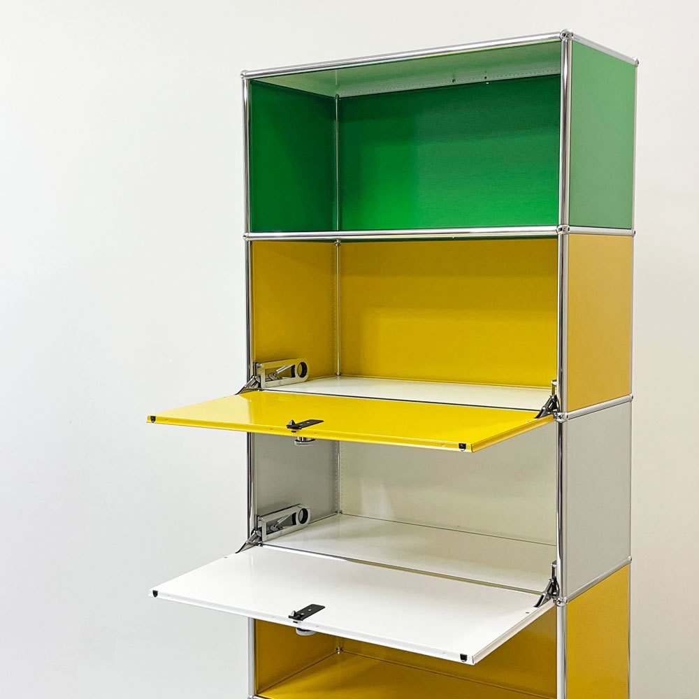 USMハラー USM Haller モジュラーファニチャー キャビネット シェルフ 1列5段 ドロップダウンドア×2 USMグリーン ゴールデンイエロー ピュアホワイト スイス 鍵付き ●