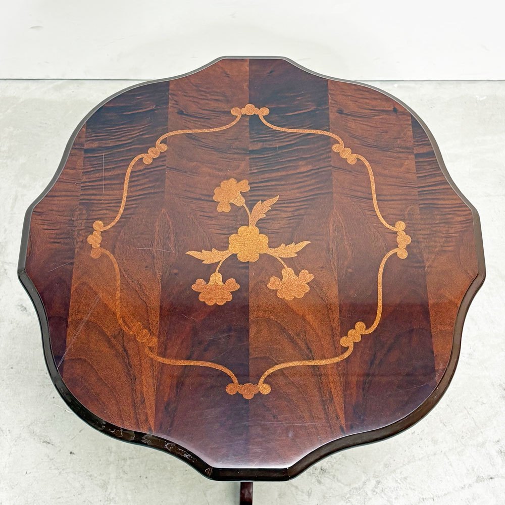 ヨーロピアンクラシカルデザイン 象嵌 ラウンド サイドテーブル ティーテーブル 花台 アンティーク調 イタリア ●