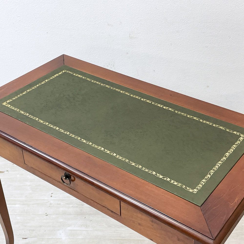 クラシカルデザイン Classical Design コンソールテーブル 木製デスク 天板レザー張り 箔押し 抽斗1杯 真鍮ハンドル ●
