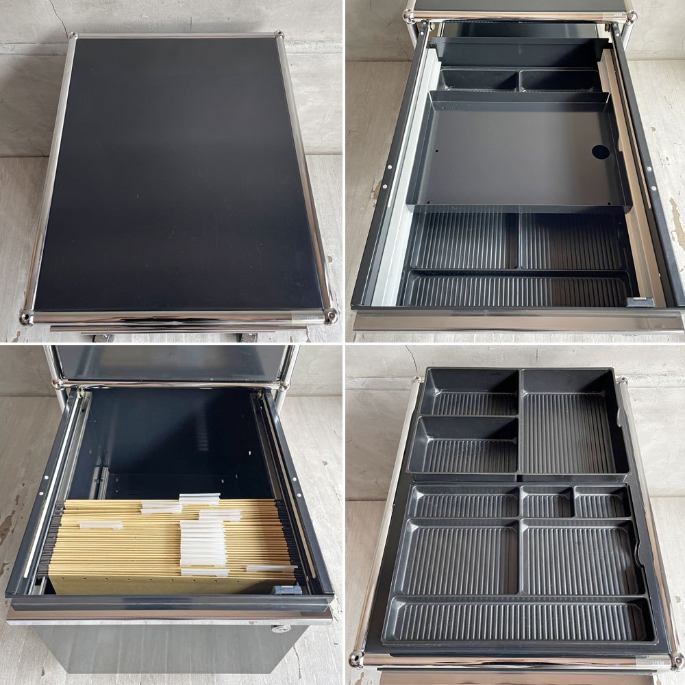 ユーエスエムハラー USM Haller モジュラーファニチャー Modular Furniture ハラーシステム デスクワゴン ロールボーイ 2ドロワー ブラック 鍵付 トレイ付 ♪