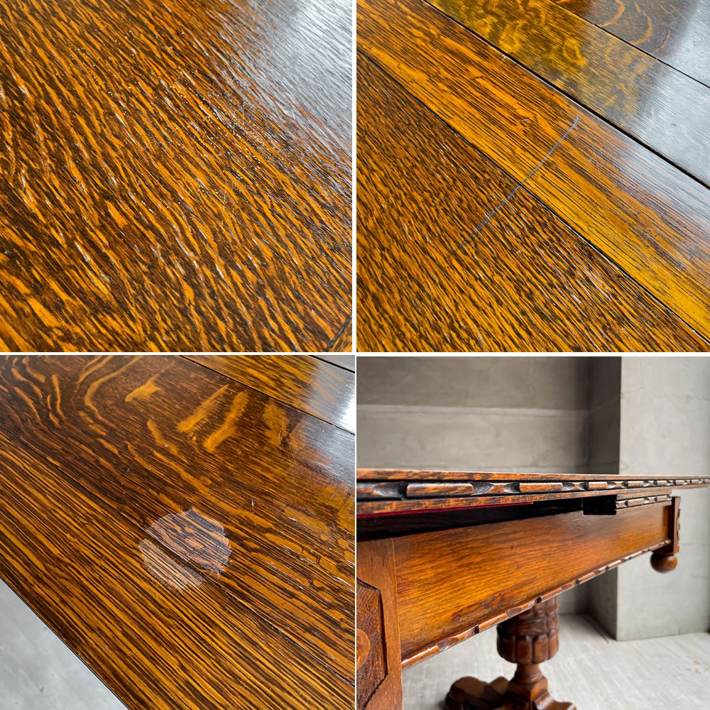 UKアンティーク ドローリーフテーブル ダイニングテーブル 伸長式 オーク材 ビッグバルボスレッグ 英国家具 ビンテージ ♪