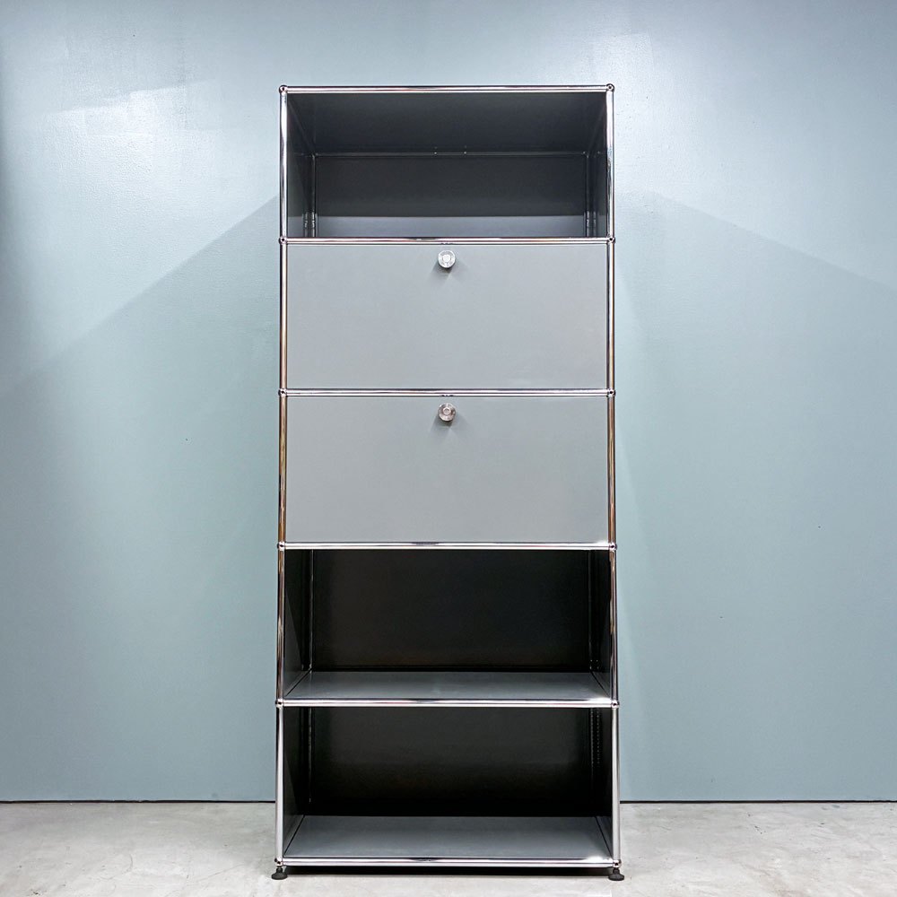 USMハラー USM Haller モジュラーファニチャー キャビネット シェルフ 1列5段 ミッドグレー ドロップダウンドア×2 モダンデザイン スイス ◎