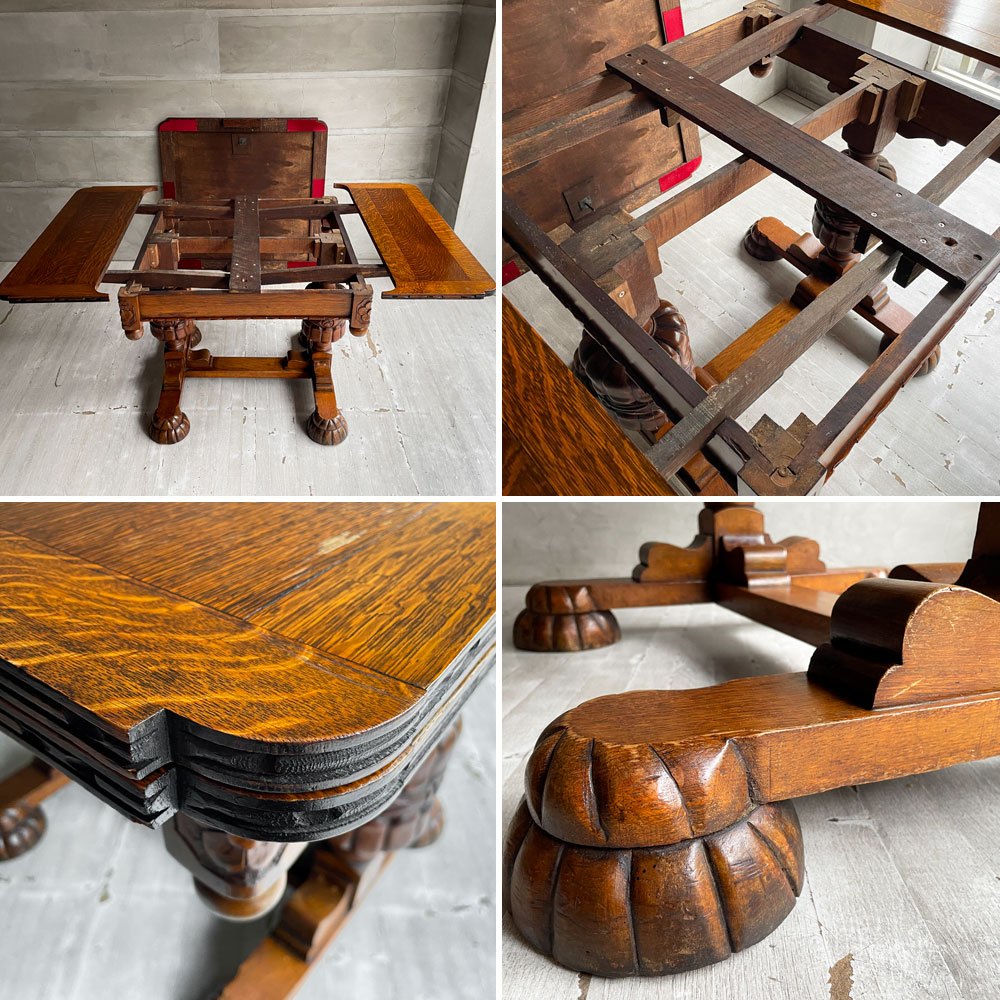 UKアンティーク ドローリーフテーブル ダイニングテーブル 伸長式 オーク材 ビッグバルボスレッグ 英国家具 ビンテージ ♪