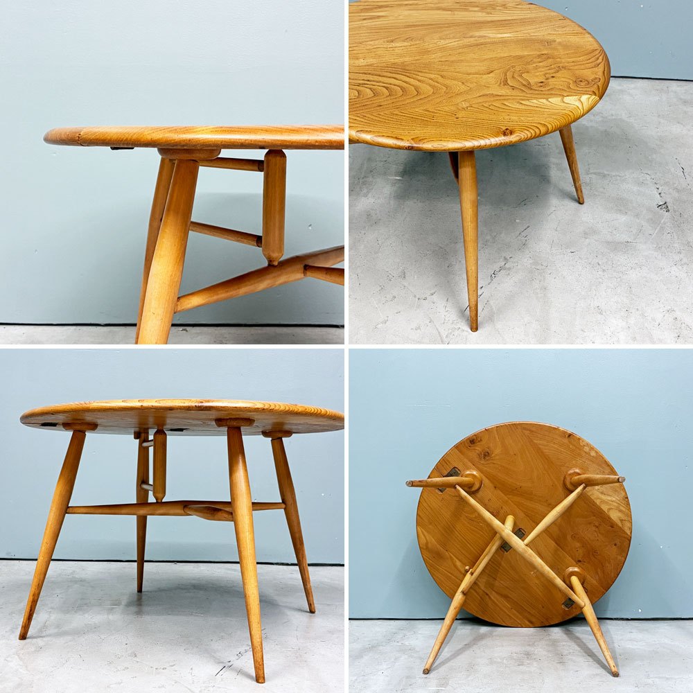 アーコール Ercol バタフライローテーブル サイドテーブル エルム材 サークル Φ61cm ゲートレッグ式 ドロップリーフ UKビンテージ ◎