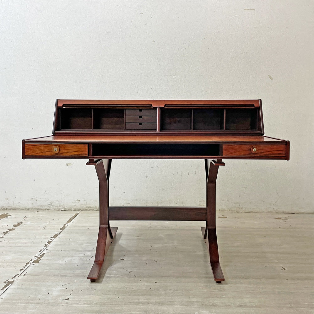 ベルニーニ Bernini Model530 ローズウッド ライティングデスク 2ドロワー + ロールトップ上台付き Gianfranco Frattini 蛇腹扉 書斎机 稀少イタリア モダン ビンテージ ●