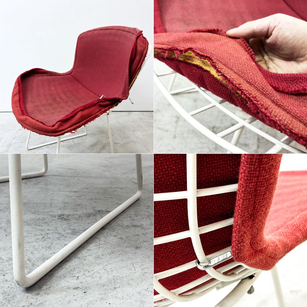 ノル Knoll 420 サイドチェア ワイヤーチェア ダイニングチェア ホワイト × レッド ファブリック フルカバー仕様 ハリー・ベルトイア ミッドセンチュリー ビンテージ ●