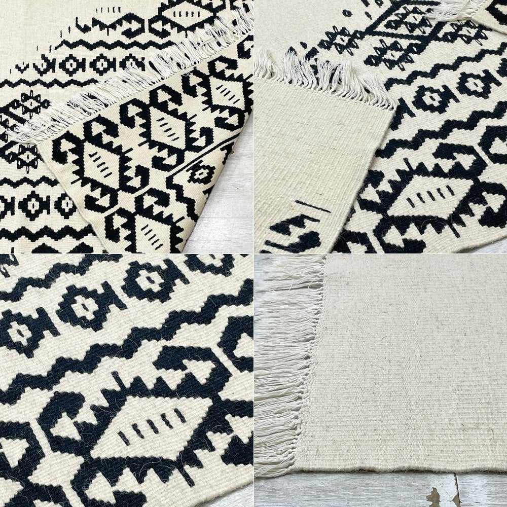 モロッカンラグ MOROCCAN RUG キリムラグ ホワイト＆ブラック 145×81cm 手織り絨毯 ラグ 幾何学模様 モロッコ ●