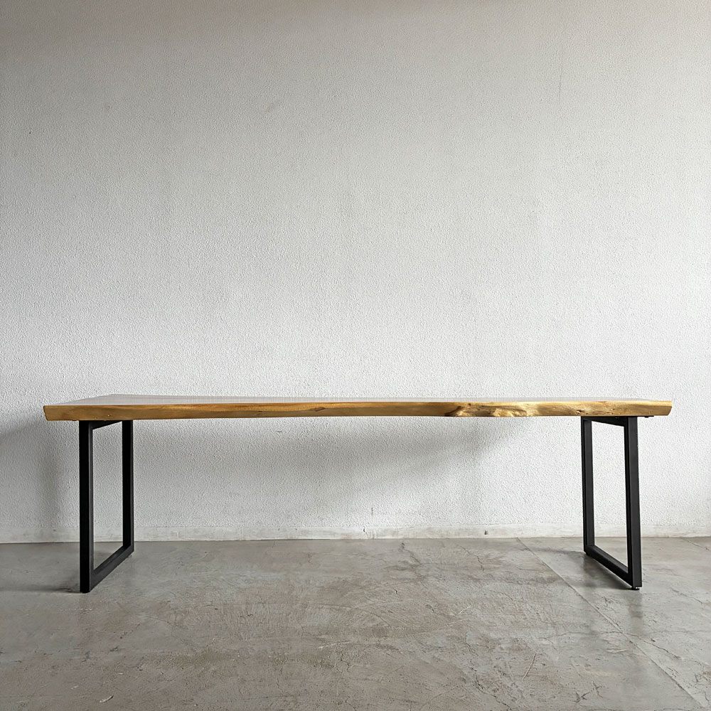 クラフト家具 モンキーポッド 一枚板 ダイニングテーブル デスク 鉄脚 Uレッグ W230.5×D77cm 天然木 耳付 オーダーメイド 〓