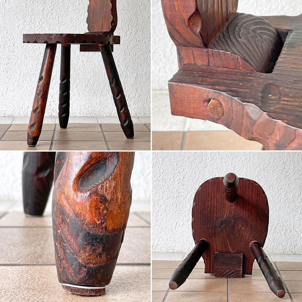 ビンテージ Vintage スパニッシュスツール 猫椅子 キャットチェア フォールディング 折り畳み シェファードチェア Bathing Chair パイン無垢材 木彫 プリミティブ ◇