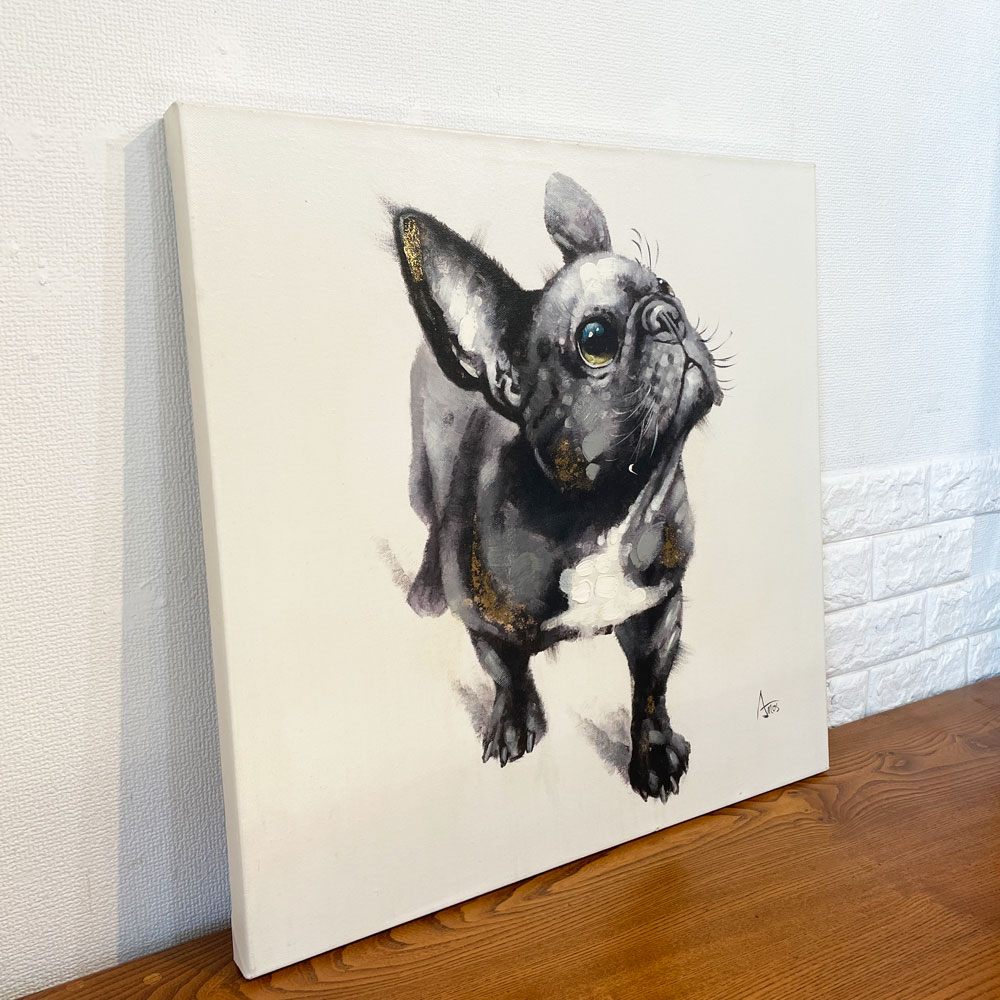 リビングハウス LIVING HOUSE アートペイント 見上げるフレンチブルドッグ 犬 60x60cm キャンバス画 壁掛けインテリア ◎