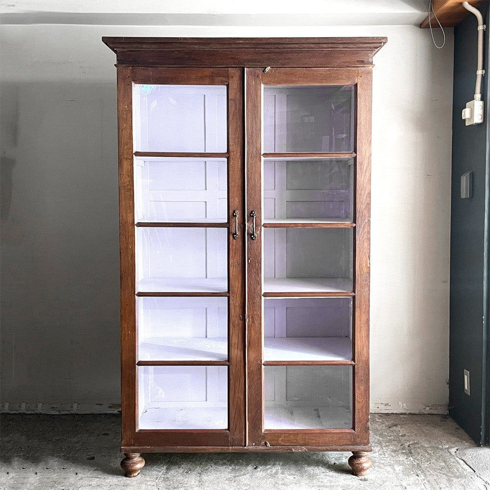 オールドメゾン old maison 木製ガラスキャビネット 5段 ブックケース シェルフ 無垢材 古材 ブラウン x ピンク 扉収納 H183cm ■