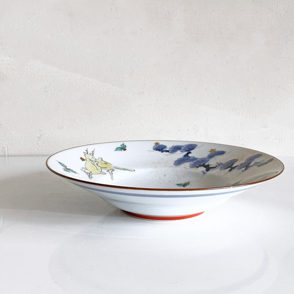 たなかふみえ Tanaka Fumie 染錦 縁付パスタ皿 金彩松鹿 大皿 リム皿21cm 有田焼 現代作家 ■