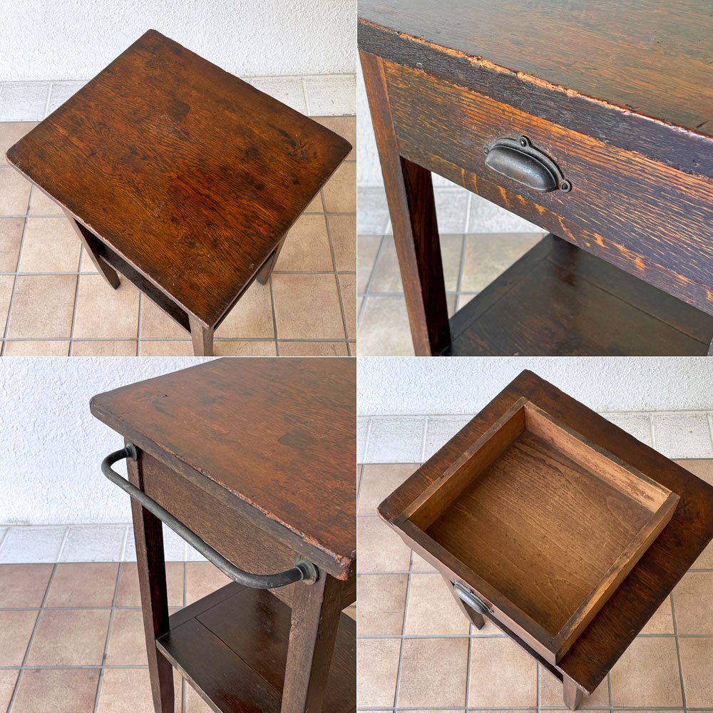 ジャパンビンテージ 木製花台 サイドテーブル フラワースタンド 抽斗1杯 ハンガーバー付き 古家具 店舗什器 ◇