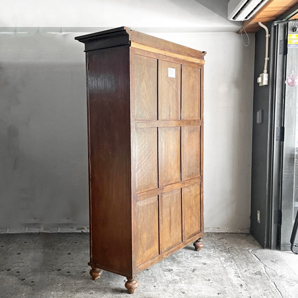 オールドメゾン old maison 木製ガラスキャビネット 5段 ブックケース シェルフ 無垢材 古材 ブラウン x ピンク 扉収納 H183cm ■