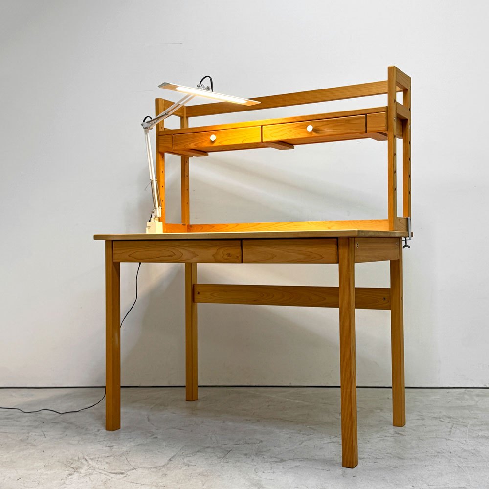 キシル XYL 4本脚デスク 100 + 机棚 つまみタイプ 100 + キシルZライト デスクライト ひのき無垢材 学習机 ●