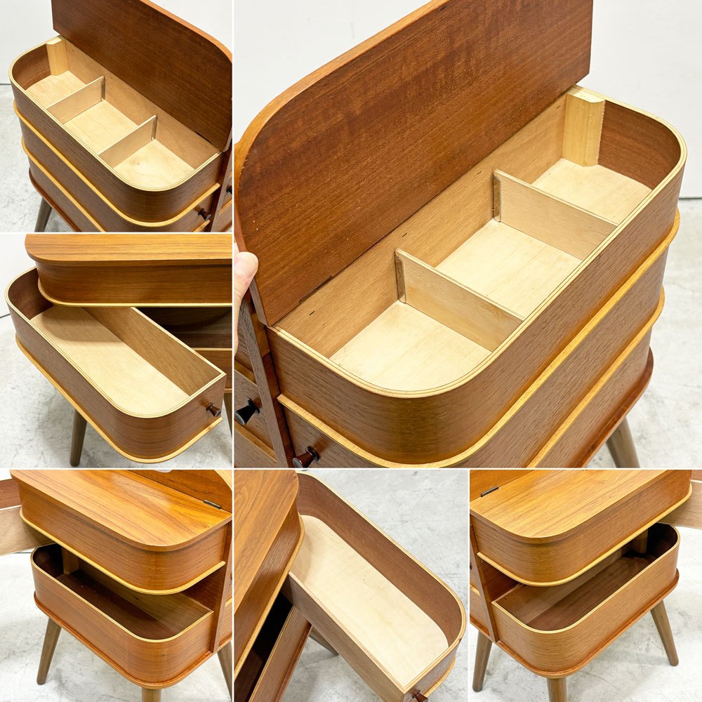 デンマークビンテージ Danish Vintage チーク材 ソーイングボックス 裁縫箱 3段 6杯 脚付 北欧家具 ●