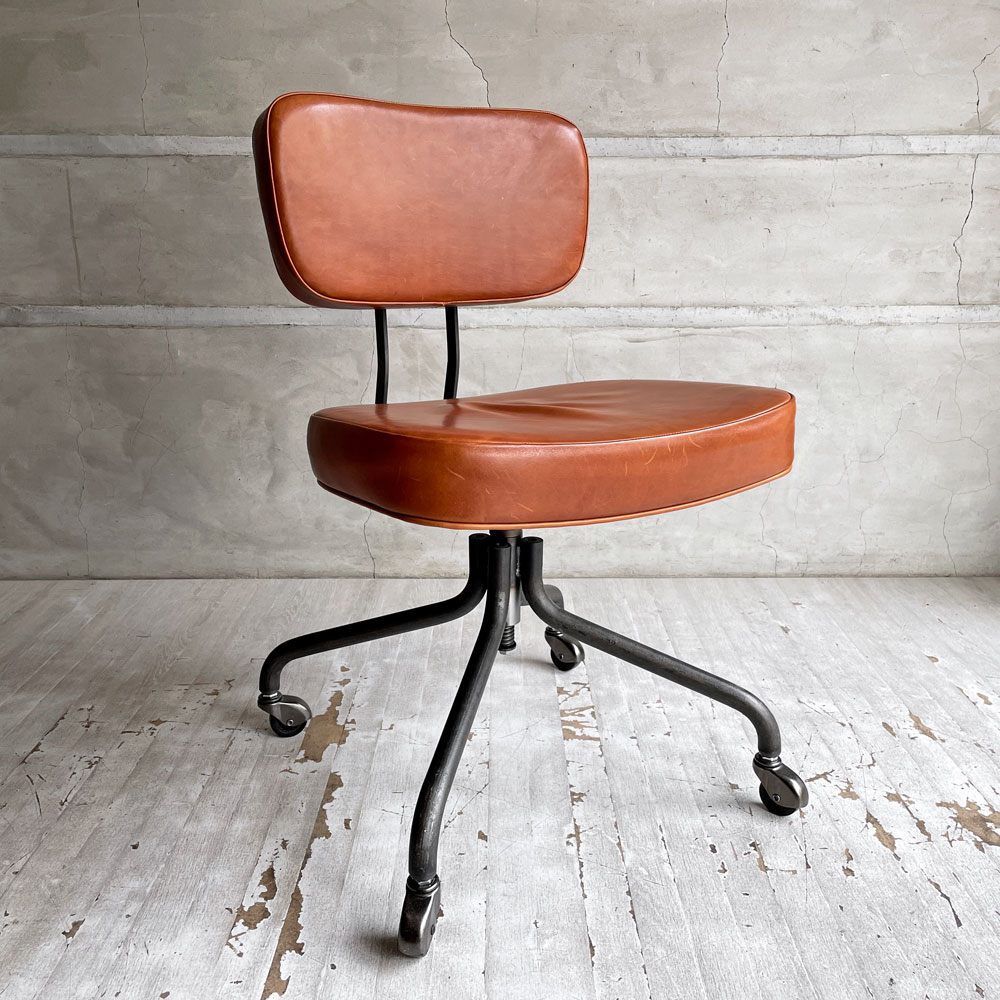 トラックファニチャー TRUCK FURNITURE デスクワークチェア DESKWORK CHAIR アームレス キャスター付き 牛革 L-8 BROWN 回転式昇降 定価 ￥161,700- ♪