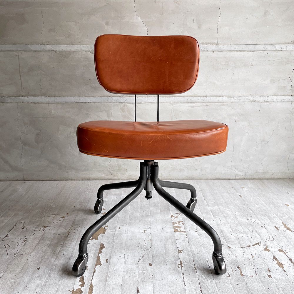 トラックファニチャー TRUCK FURNITURE デスクワークチェア DESKWORK CHAIR アームレス キャスター付き 牛革 L-8 BROWN 回転式昇降 定価 ￥161,700- ♪