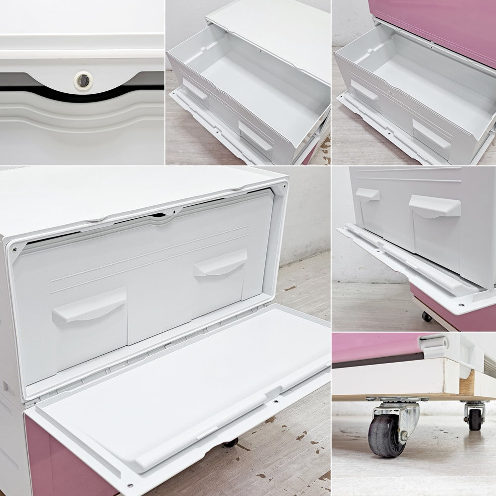 タッパーウェア Tupperware スーパーチェスト ワイド Super chest Wide 引出1段 ピンク 2段セット 専用カート付 ●