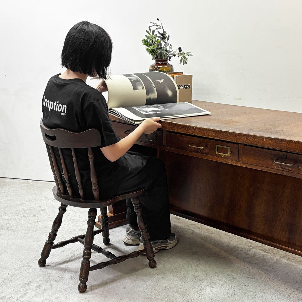 UKビンテージ UK Vintage オーク材 デスク 3ドロワー アーチ形天板 テーブル W197.5cm 英国家具 アンティーク ●