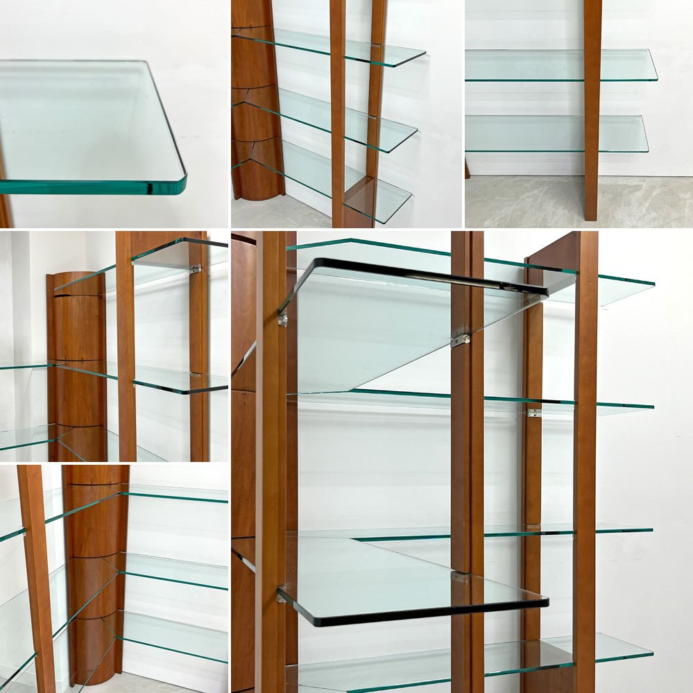 モダンデザイン Modern Design コーナー オープンシェルフ ディスプレイシェルフ 4段 チェリー材 × ガラス H167cm 店舗什器 ●