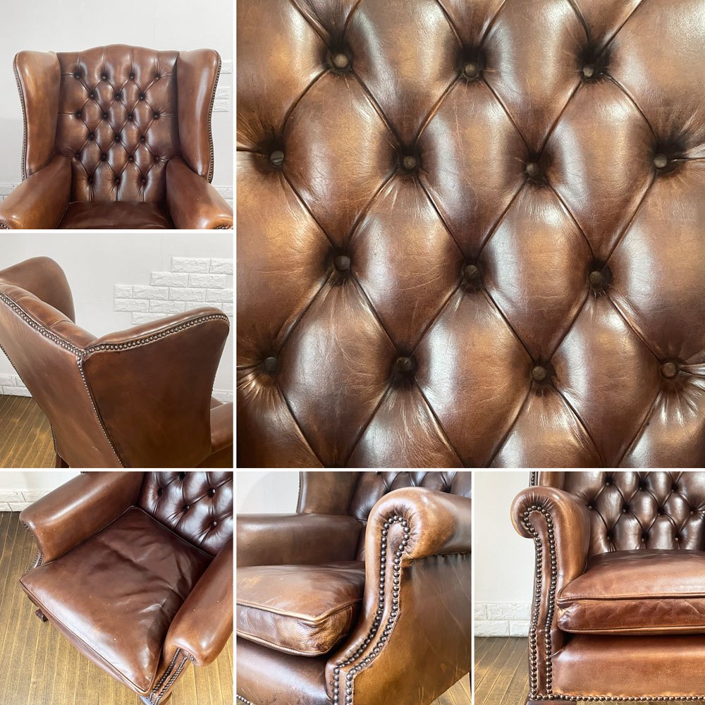 ロイズアンティークス Lloyd's Antiques リプロダクションシリーズ チェスターフィールド B&Cウイングチェア 1シーターソファ 鋲 本革 英国 ◎