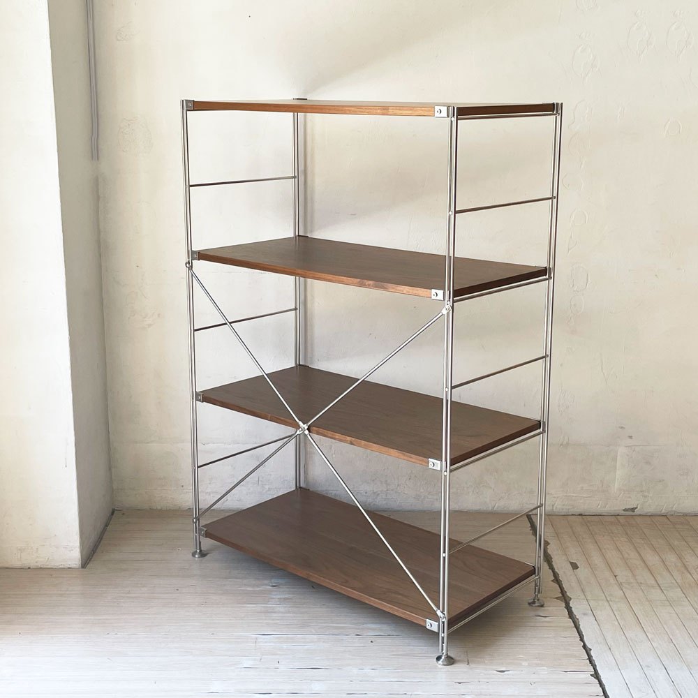 無印良品 MUJI ステンレスユニットシェルフ ウォールナット材 中 W58 × H120cm 1列4段 本棚 飾り棚 収納棚 定価29,900円 ★