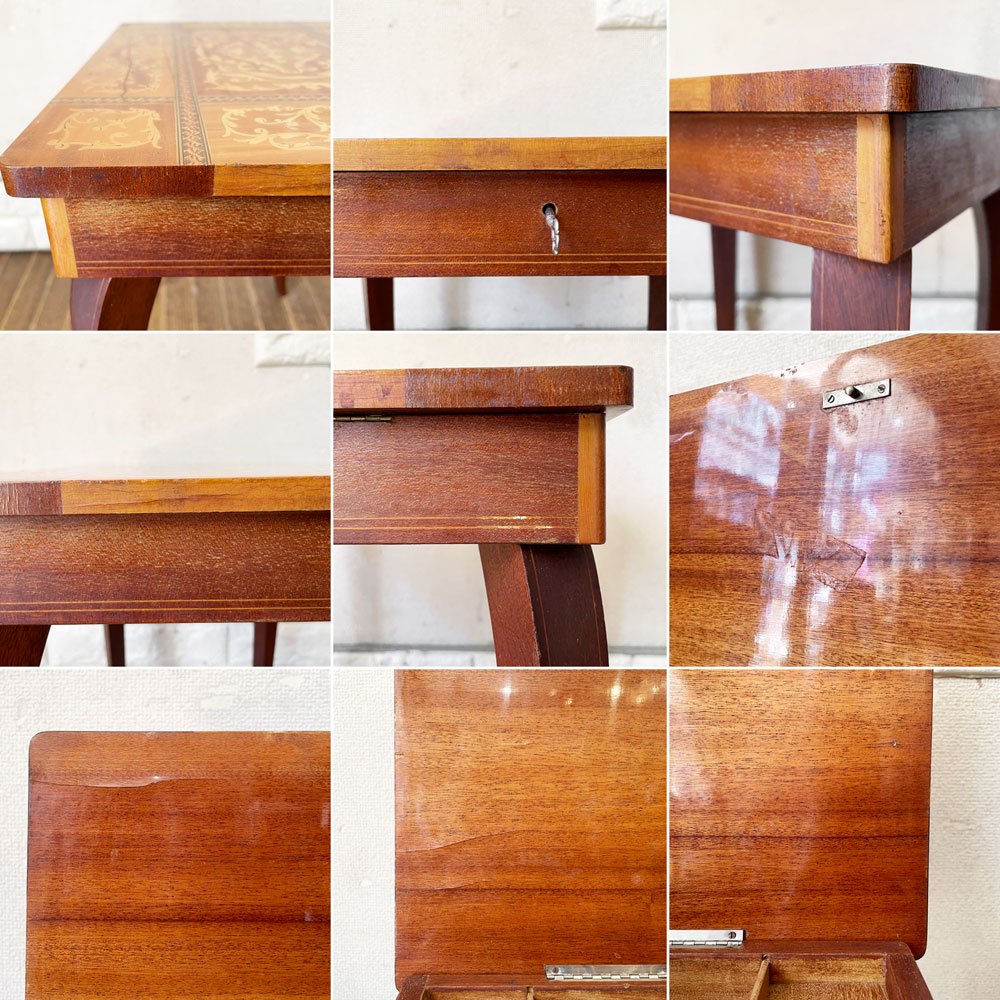 イタリアビンテージ Italian Vintage サイドテーブル 象嵌細工 インレイ W37cm 猫脚 収納ボックス＆鍵付 オルゴール不動品 ヨーロピアンクラシカル ◎