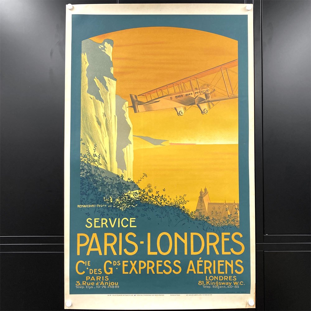 パリ＝ロンドン航空サービス Compagnie Franco-Roumaine de Navigation Aerienne 公式リトグラフ 1987年 再版品 62×100cm 〓