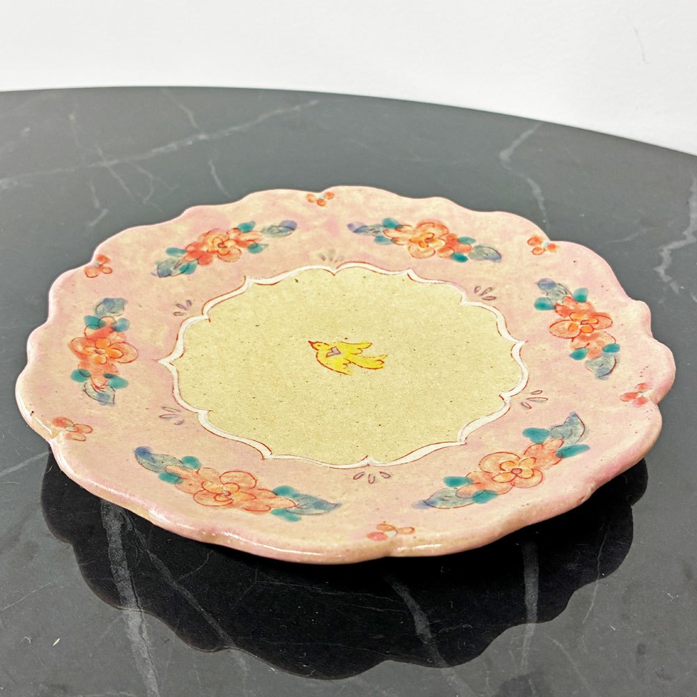 増山文 輪花絵皿 8寸 21cm ピンク 花柄 小鳥文 作家もの 現代作家 陶皿 中皿 プレート うつわ ◎