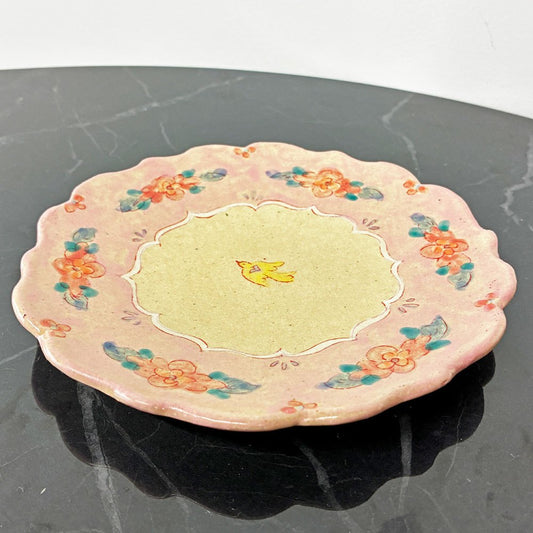 増山文 輪花絵皿 8寸 21cm ピンク 花柄 小鳥文 作家もの 現代作家 陶皿 中皿 プレート うつわ ◎