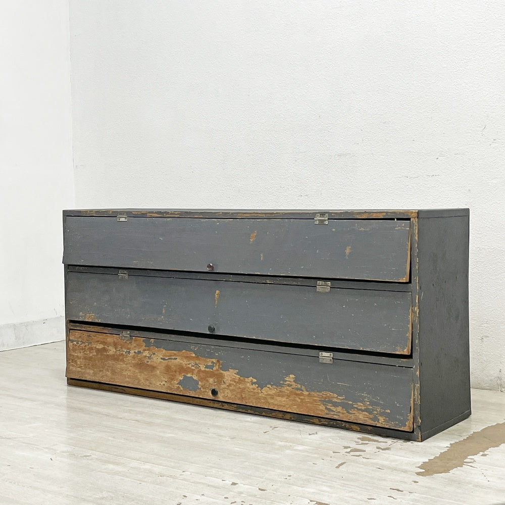 ジャパンビンテージ Japan Vintage フラップ扉 パタパタ 靴箱 下駄箱 シューズラック 3段 W121cm ペインテッド シャビー 木味 収納棚 古家具 ●