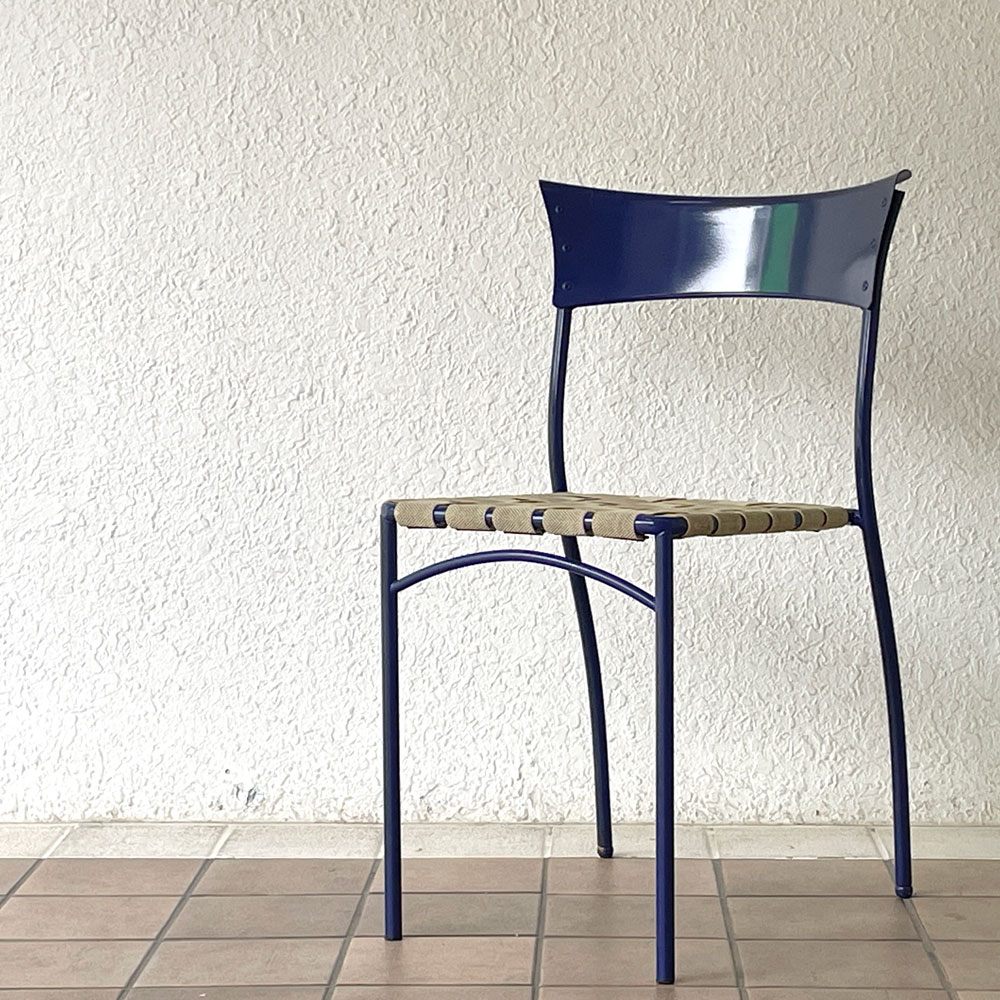 アルテラーノ ARTELANO ビンテージ スチールフレームチェア ウェービングテープ張り座面 スタッキングチェア ブルー フランス B ◇