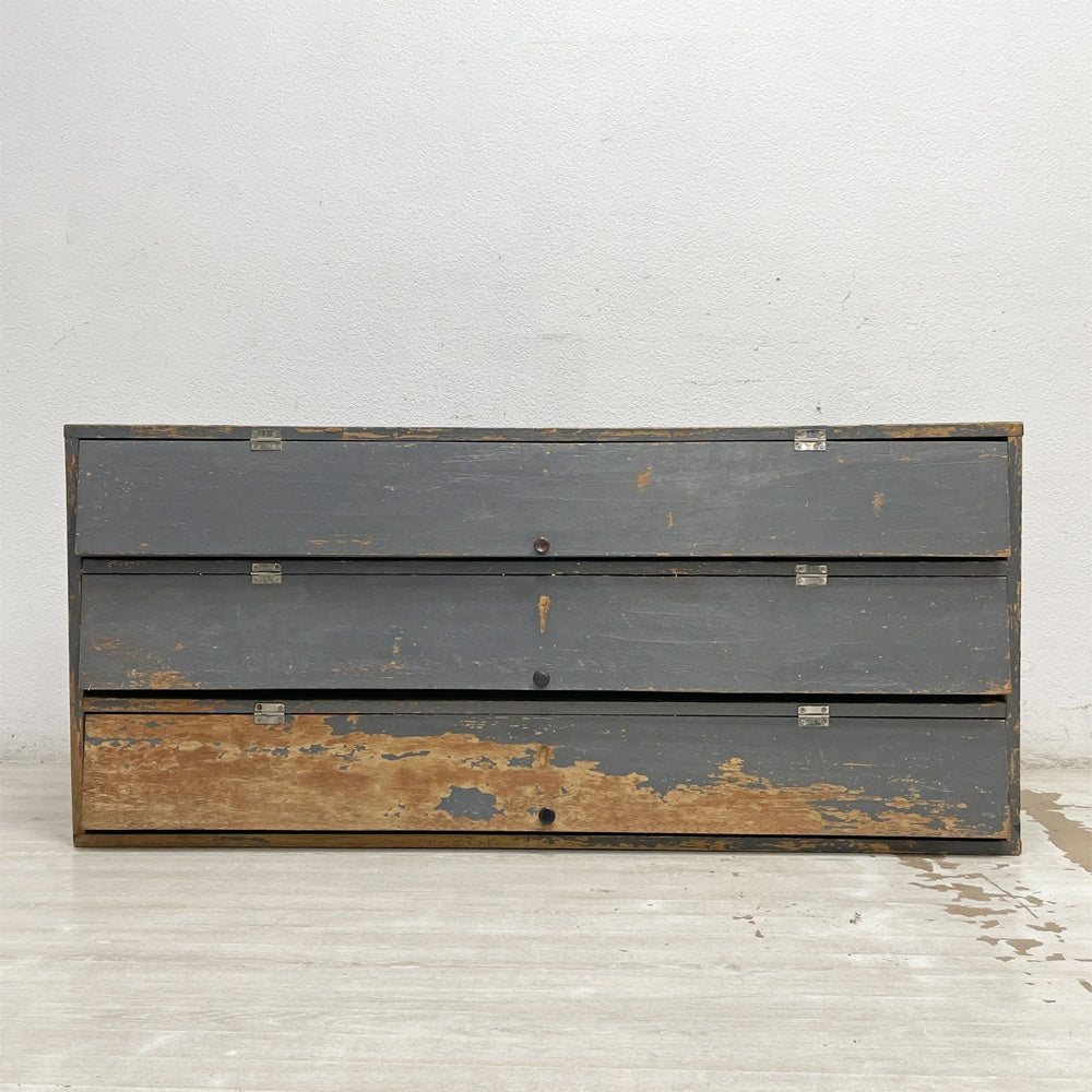 ジャパンビンテージ Japan Vintage フラップ扉 パタパタ 靴箱 下駄箱 シューズラック 3段 W121cm ペインテッド シャビー 木味 収納棚 古家具 ●