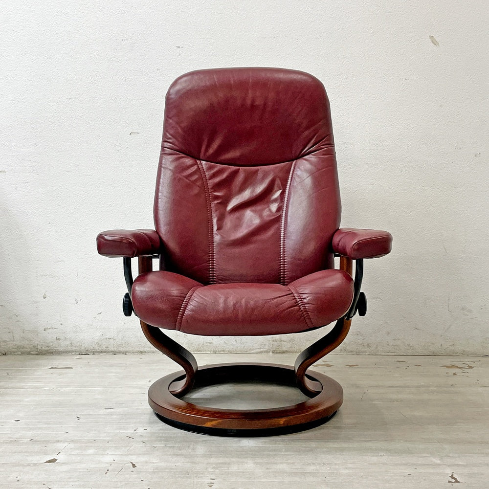 エコーネス EKORNES コンサル Consul ストレスレスチェア stressless リクライニングチェア オットマン付き クラシック レザー Mサイズ 2006年製 A ●
