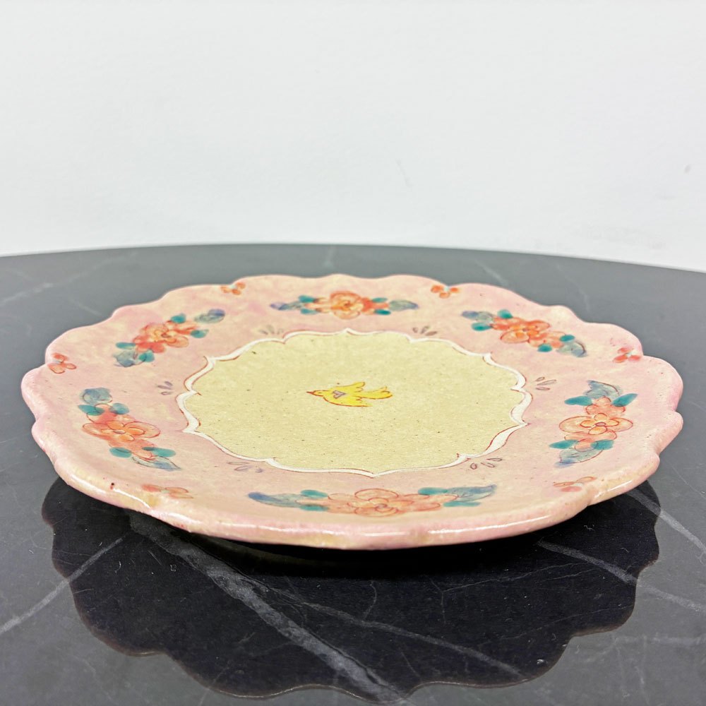 増山文 輪花絵皿 8寸 21cm ピンク 花柄 小鳥文 作家もの 現代作家 陶皿 中皿 プレート うつわ ◎