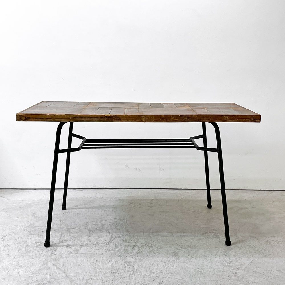 ビンテージ vintage リメイク ダイニングテーブル オーク材 パーケット天板 鉄脚 デスク インダストリアルデザイン 工業系 ●