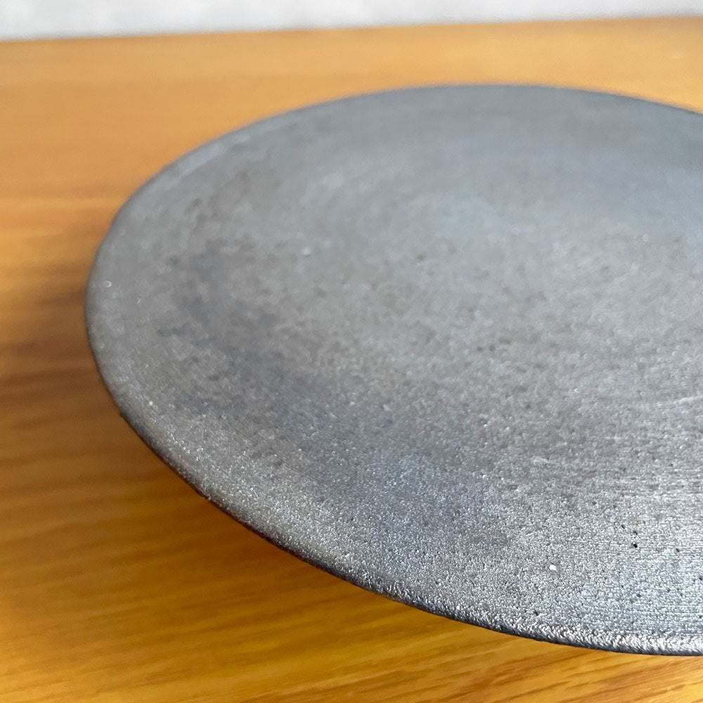 花岡隆 黒陶台皿 約19.5×H4.8cm 花釜 現代作家♪