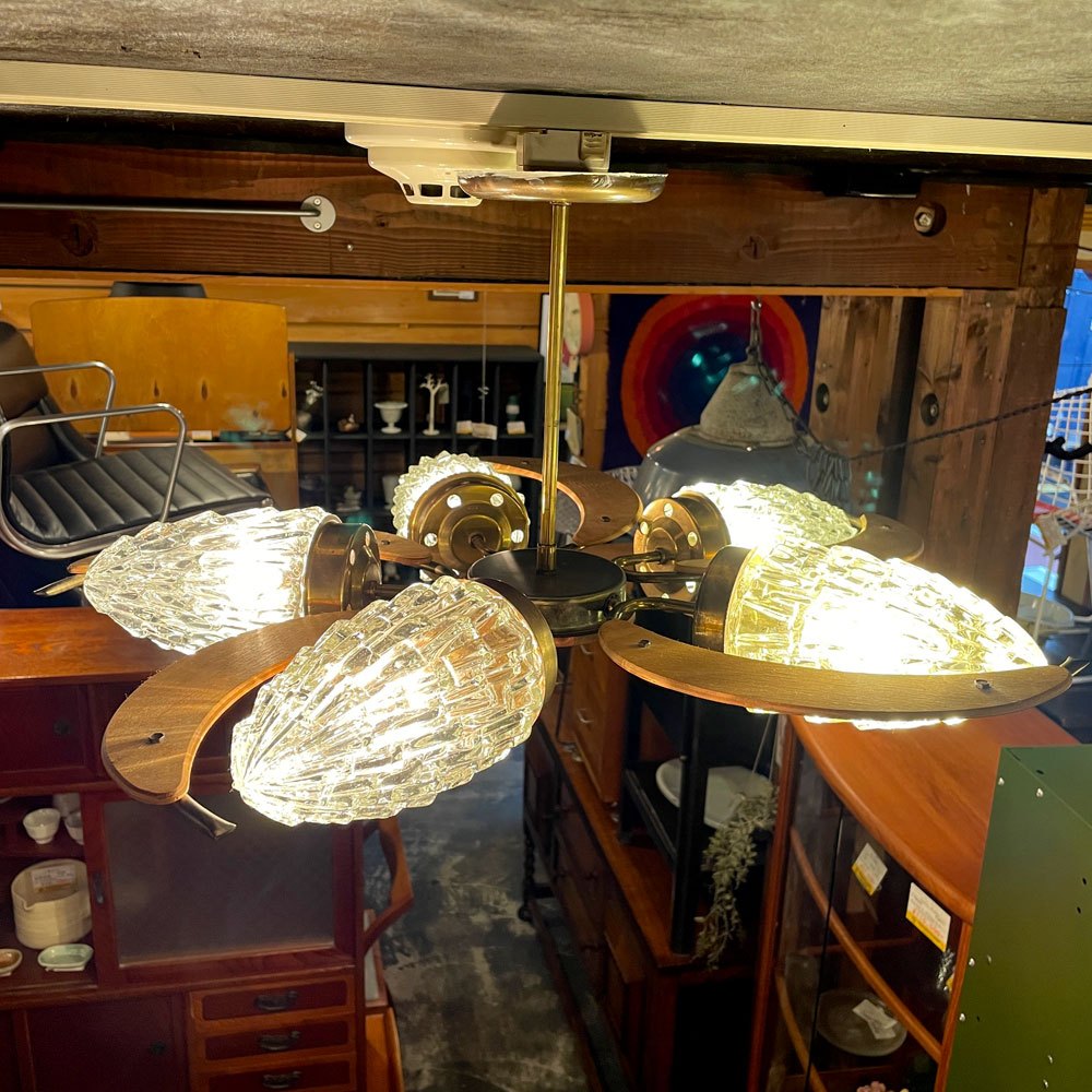 UKビンテージ UK Vintage 5灯 ペンダントライト ガラスシェード チーク材 60～70年代 ミッドセンチュリーデザイン 北欧スタイル 要電気工事 ♪