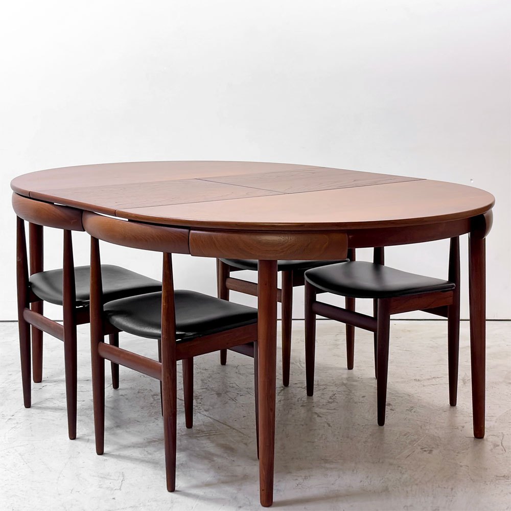 フレムロジェ Frem Rojle ディネッテ Dinette エクステンション ラウンド ダイニングテーブル & ダイニングチェア 4本脚×4脚 計5点セット ハンス・オルセン Hans Olsen 北欧家具 ビンテージ ●