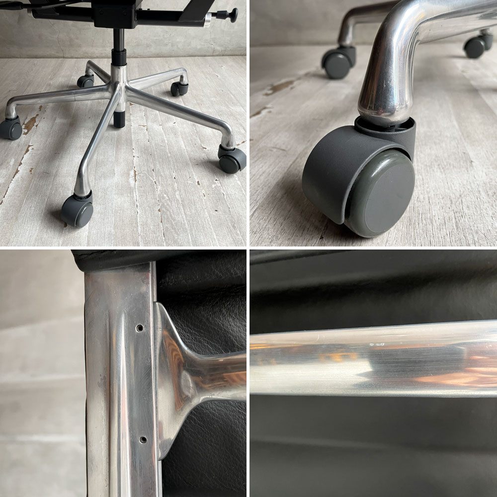 ハーマンミラー Herman Miller イームズアルミナムグループ マネジメントチェア アルミバフベース ガス圧昇降 5本脚キャスター 本革 レザー ブラック C ♪