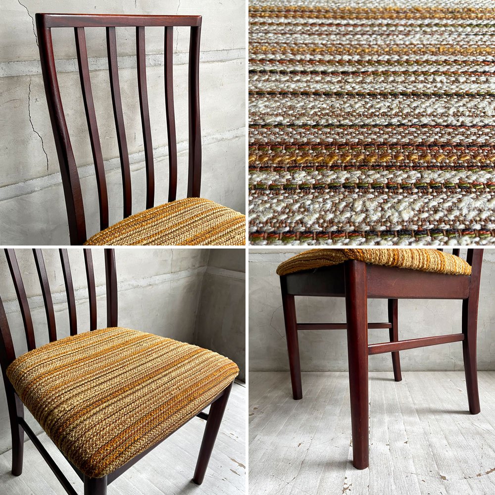 マッキントッシュ A.H.McINTOSH サイドチェア ダイニングチェア 4スラット ウッドフレーム ファブリックシート マホガニー材 UKビンテージ Vintage 英国家具 座面張替済  B ♪