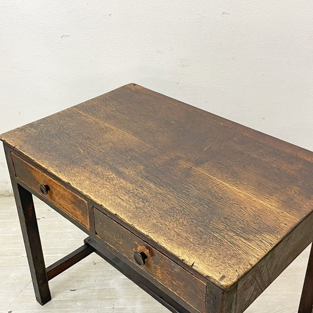 ジャパンビンテージ Japan Vintage 古い木味のデスク 抽斗2杯 レトロ家具 W90cm ●