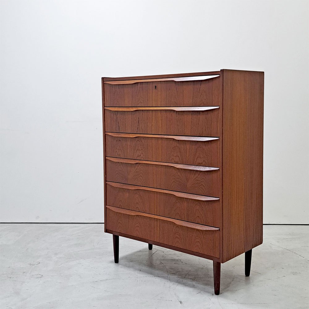 北欧ビンテージ Scandinabian Vintage チェスト 6ドロワーズ チーク材 H108cm デンマーク 北欧家具 鍵欠品 ●