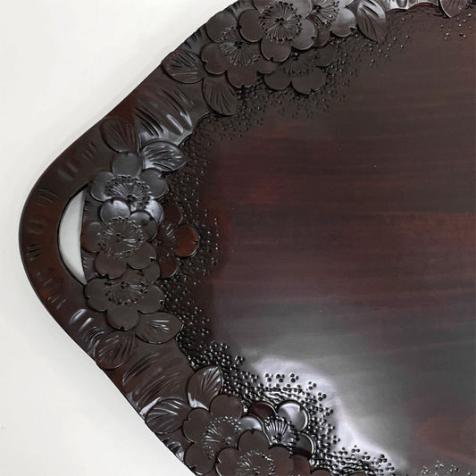 軽井沢彫 オーバル ウッドトレイ ウッドプレート お盆 楕円盆 桜彫刻 細密彫刻 伝統工芸品 民藝 ●