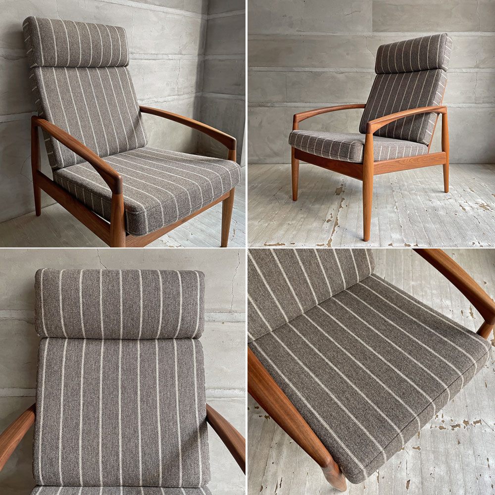 宮崎椅子製作所 ペーパーナイフソファ 1シーター 1Pソファ ラウンジチェア ウォールナット材 ヘッドレスト付き ストライプ ファブリック SAMSØ生地 カイ・クリスチャンセン ♪