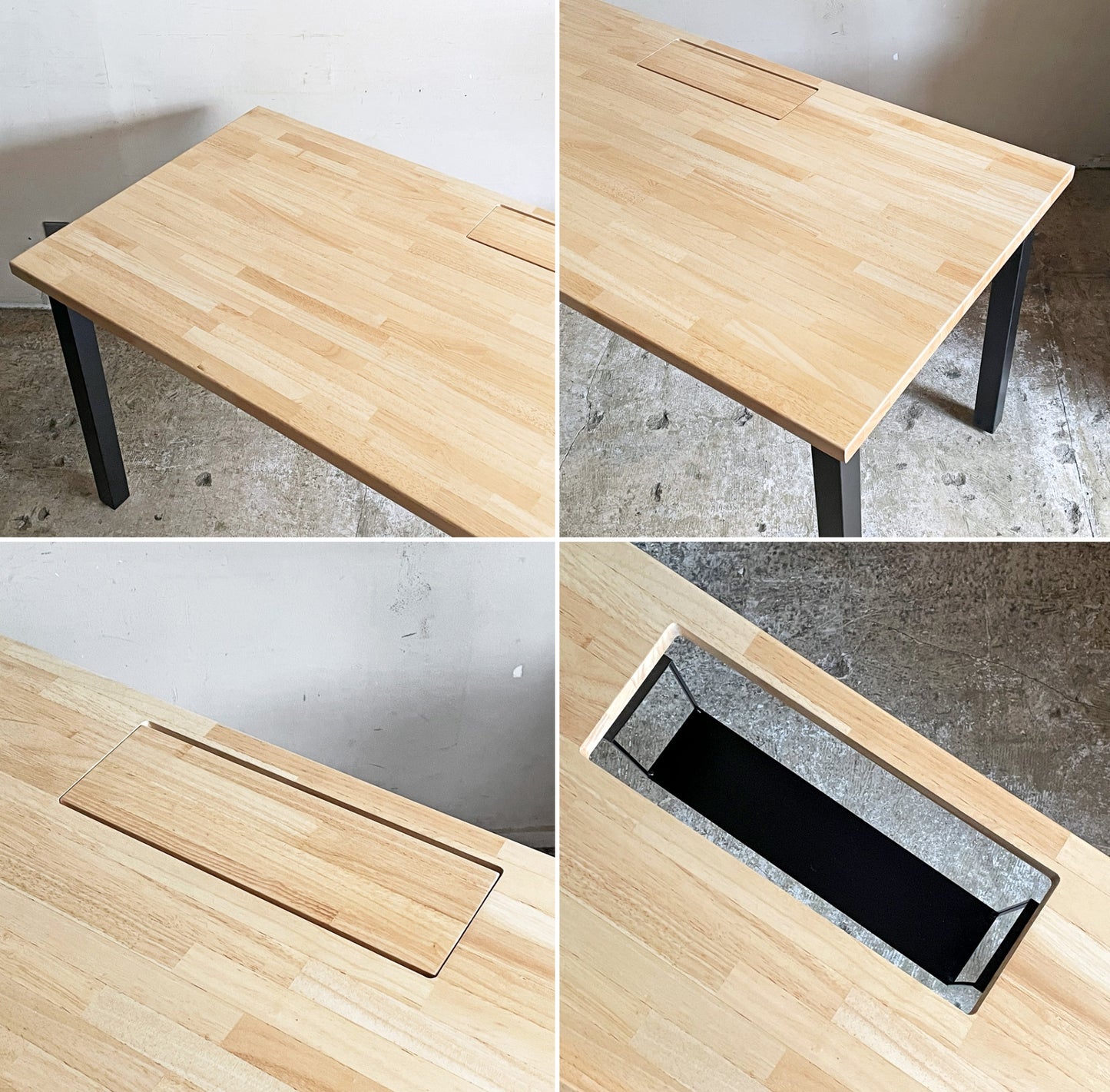 かなでもの KANADEMONO ザ・テーブル THE TABLE デスク ラバーウッド無垢材 W150xD70cm スチール スクエアバーレッグ シンプルトレイ付き ブラック B ■
