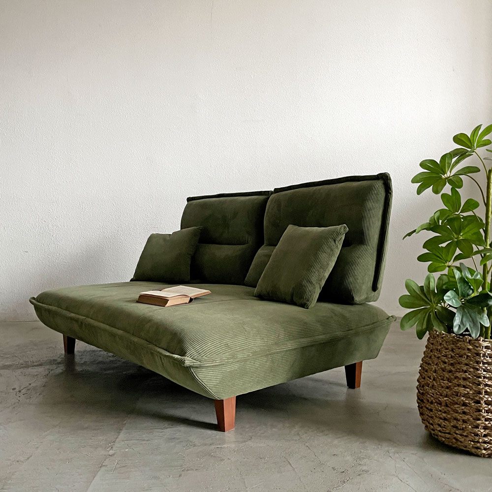 関家具 グランパ Granpa 2.5人掛けソファ 背もたれ前後スライド式 W165cm コーデュロイ グリーン クッション付 〓